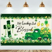 St Patrick's Day Banner Decorations Buffalo Plaid Jesus Cross Truck Backdrop St Patricks Shamrock Background for Wall Photography Photo Prop Booth Party Decor