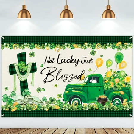 St Patrick's Day Banner Decorations Buffalo Plaid Jesus Cross Truck Backdrop St Patricks Shamrock Background for Wall Photography Photo Prop Booth Party Decor