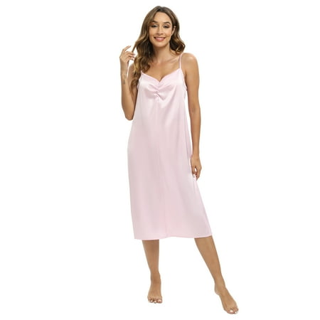 Xmarks Women s Silk Satin Full Slip Nightgown Sexy Pleated V Neck Chemise Lingerie Spagetti Strap Long Sleepdress for Ladies Sleepwear Slip Negligee  S-2XL