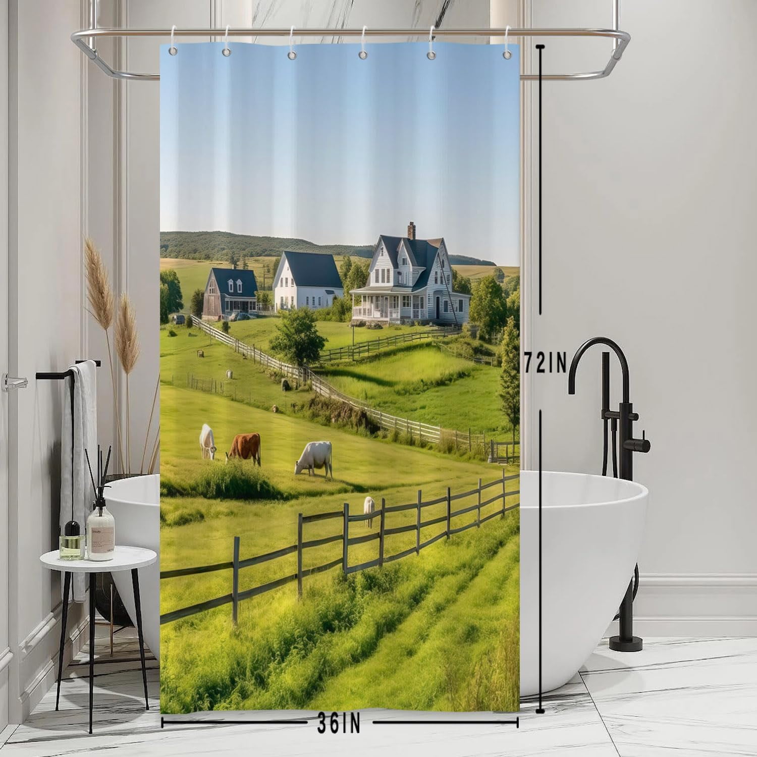 Rustic Farmland Bathroom Curtain Decor with Hooks for Bathroom Green Grassland Farmhouse Cow Rural Landscape Bathroom Curtains 36x72 Inch with Hooks Countryside Bathroom Shower Curtain Set