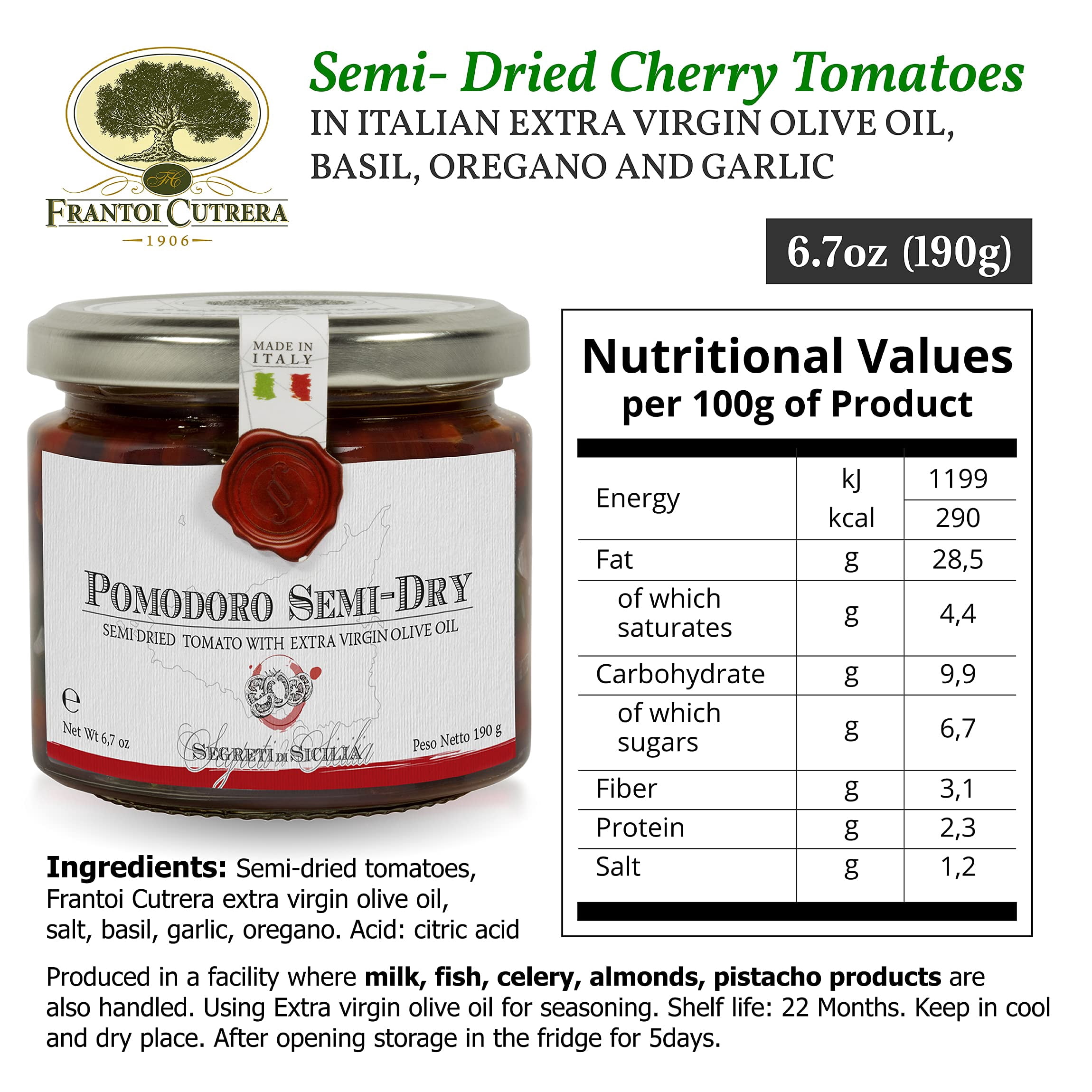 Frantoi Cutrera - Pomodorino Semi Secco - Semi-Dried Cherry Tomatoes in Extra Virgin Olive Oil, Product of Italy, 6.7oz (4 Pack)