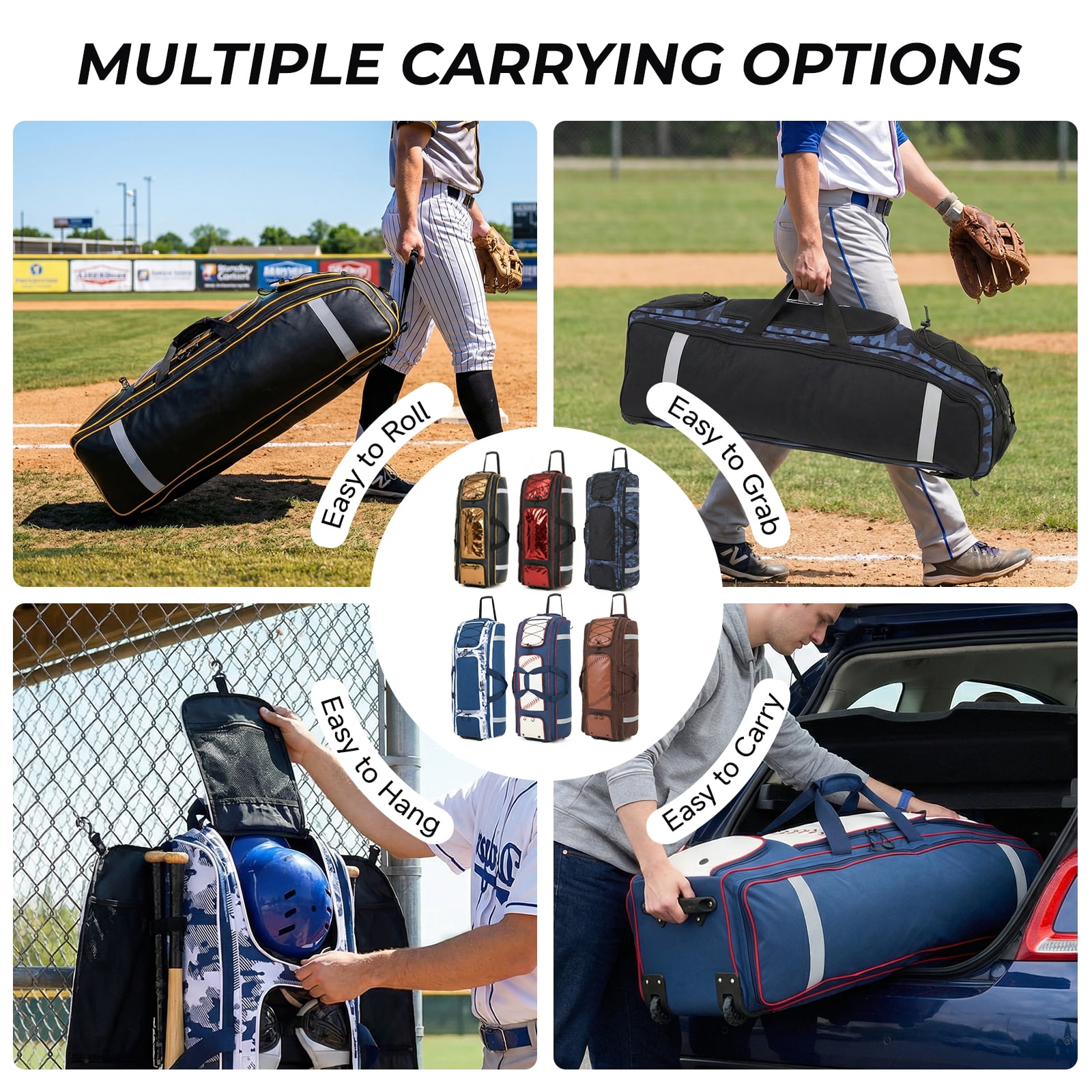 Fegat Rolling Baseball Bag, 100L Large Catcher Gear Bag Softball Bags with Wheels, Youth Equipment Bag Holds 8 Bats, Full Set, with Fence Hooks, Reflective Strip, Shoe Compartment
