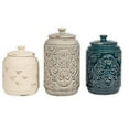 thumbnail image 1 of Drew Derose Ceramic Distressed Quilt Pattern Blue Grey Cream 3 Pc Canister Set, 1 of 4