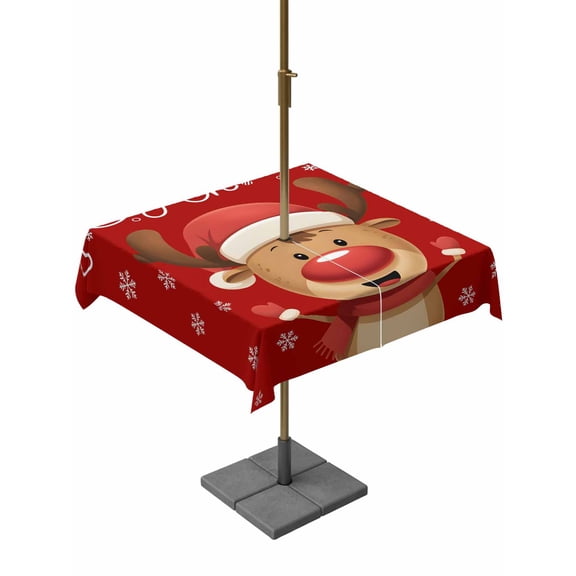 Outdoor Tablecloth with Umbrella Hole and Zipper, Merry Christmas Square Table Cloth 54x54 Inch Waterproof Tablecloth, Red Winter Xmas Cartoon Deer Snowflake Picnic Table Cover for Patio Camping