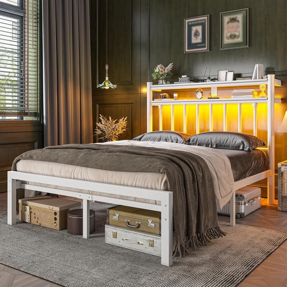 Metal Full Size Bed Frame with 2-Tier Storage Headboard, Bed Frame Full with LED Light, Mattress Foundation Under Bed Storage/No Box Spring Needed/Noise-Free/Easy Assembly, White