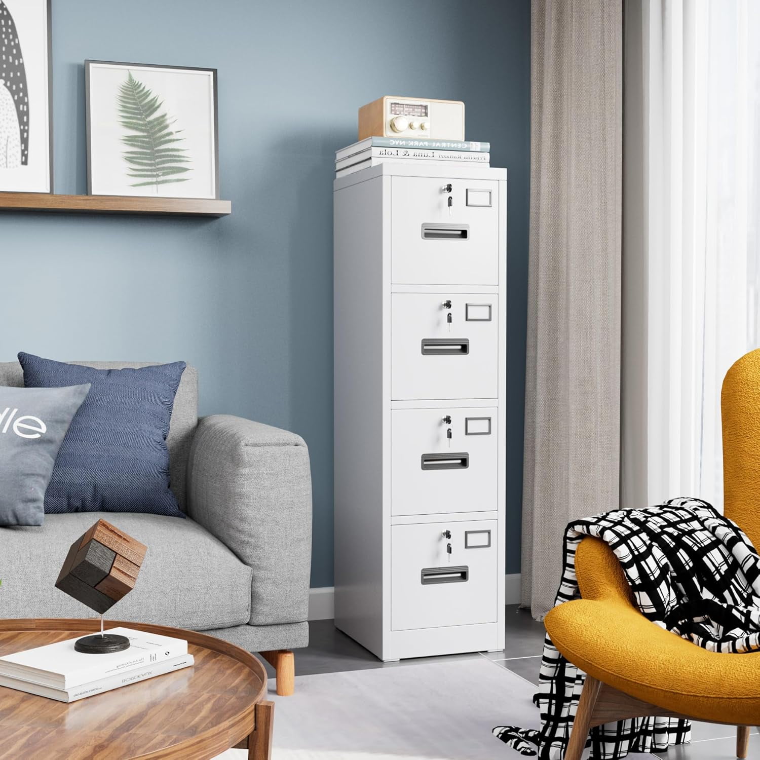 Lateral File Cabinet with Drawers, Locking Drawers and Adjustable Shelves Metal Storage Cabinet for Home Office Garage School, Fit for A4 Letter Legal File, Assemble Required