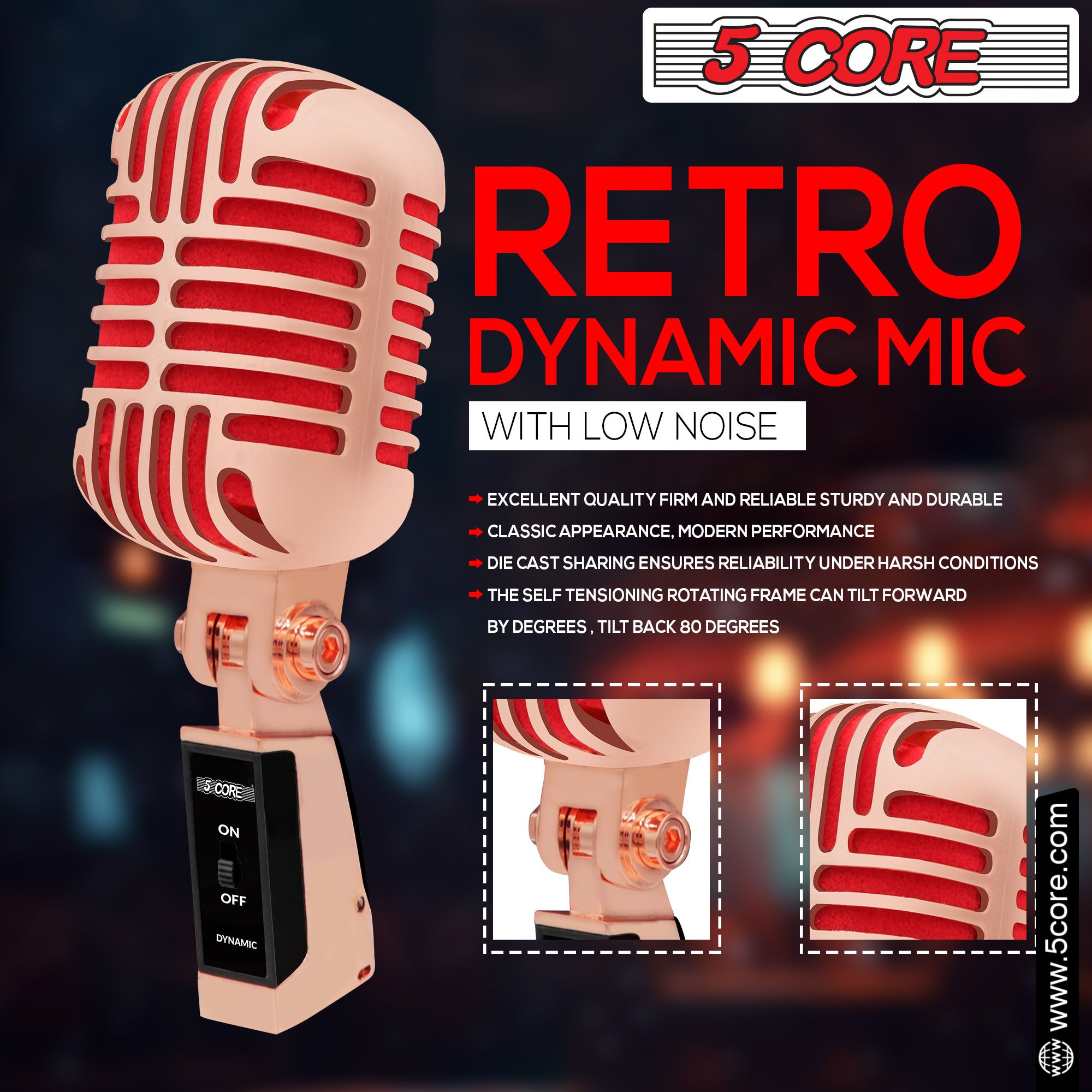 Classic Retro Microphone Dynamic (ALL METAL BODY) - Old Vintage Style Unidirectional Cardioid Mic w/ XLR Input Universal Stand Compatible | Live Performance |Singing In Studio |Recording Gold