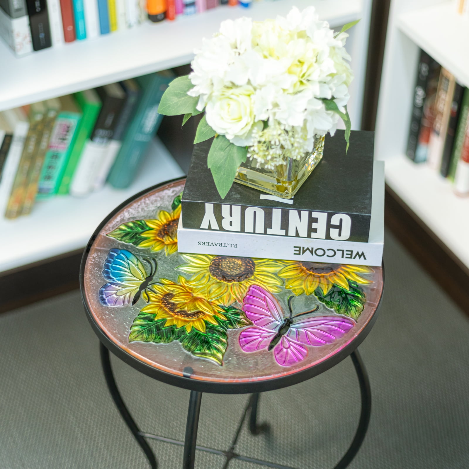 Wonder Garden Mosaic Side Table Outdoor for Patio, Indoor Accent Table Coffee Table for Bistro, Plant End Table Small, Sunflower Round Glass Plant Table Stands