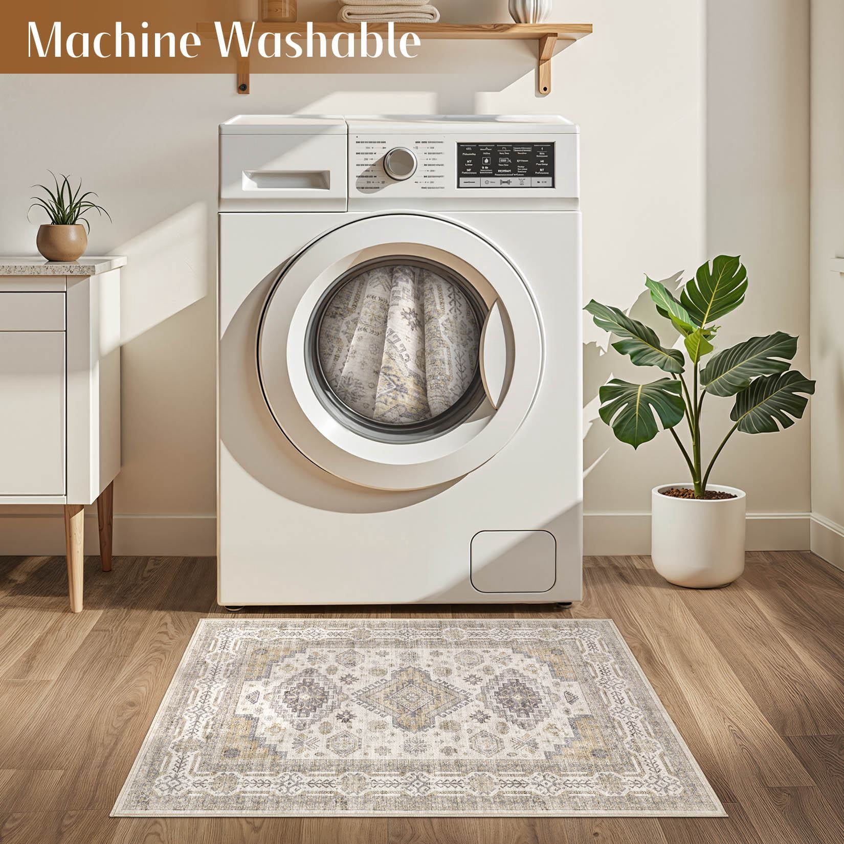 UERMEI 2'x3' Washable Area Rugs for Entryway, Modern and Vintage Non Slip Carpet, Low Pile Indoor Rug for Bathroom Home Decor Carpets, Beige Brown