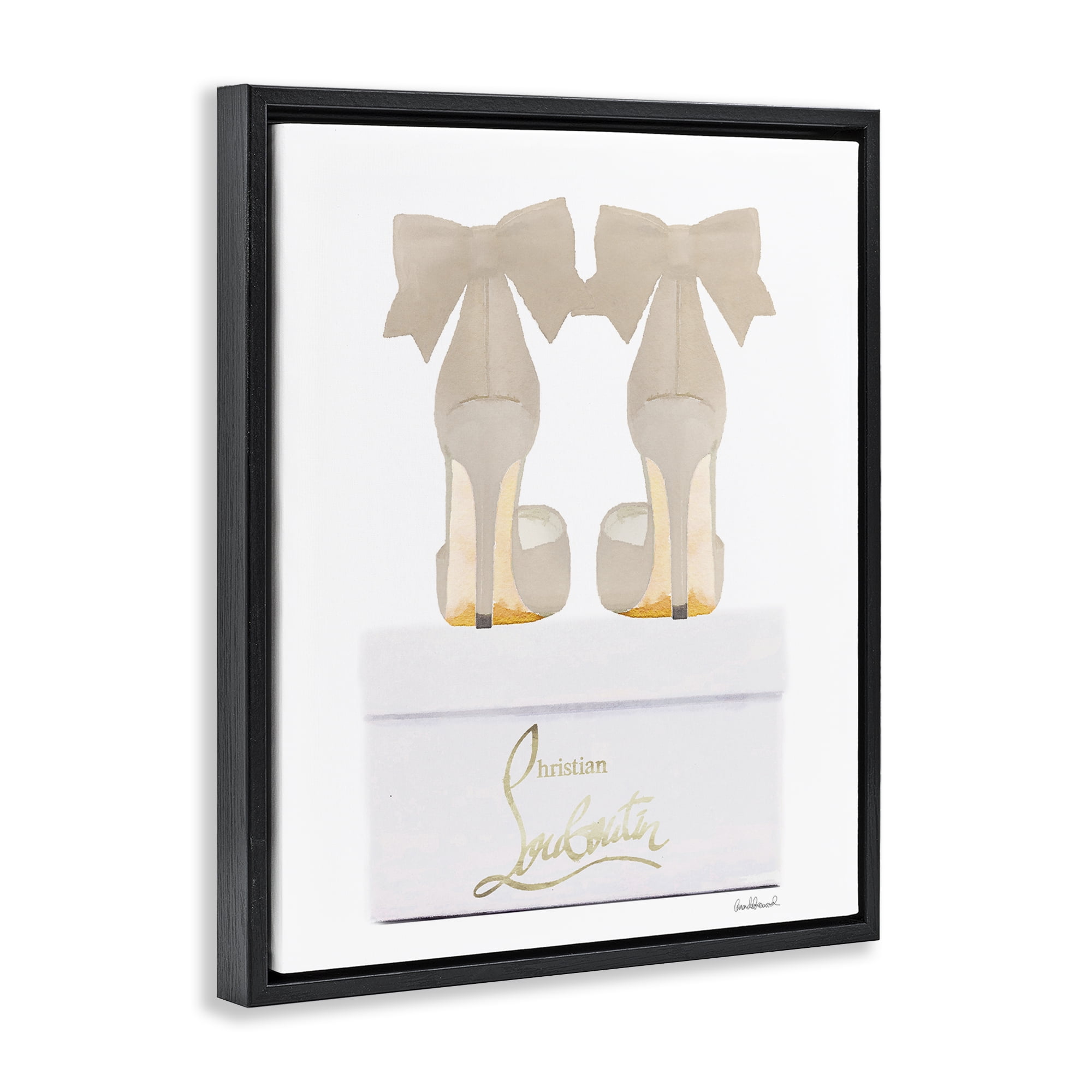Stupell Industries Beige Bow Heels Fashion Painting Black Floater Framed Canvas Art Print Wall Art, 25 x 31