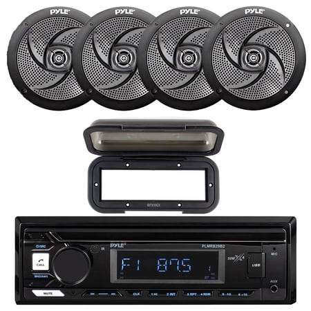 Pyle PLMRB29B2 Single DIN Marine USB Bluetooth AM/FM MP3 Stereo Receiver w/Radio Shield Cover 4x 6 240 Watt Max Power Low Profile 2-Way Black Boat Speakers