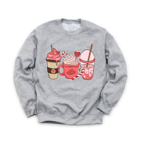 Valentine's Coffee Hearts Unisex Gray Sweatshirt Cute Red Pink Design Valentine's Day Love Holiday Sweater