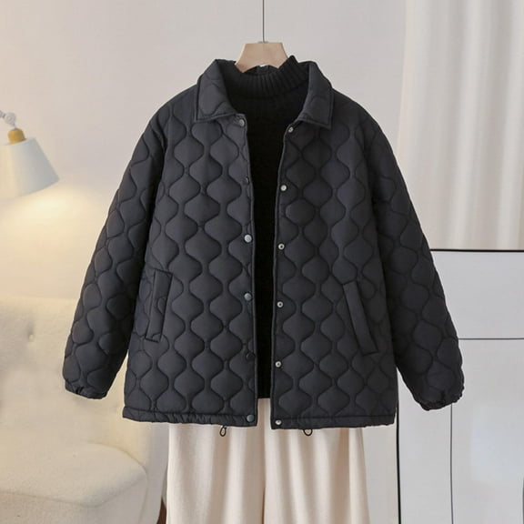 Fartey PLus Size Womens Quilted Coat Dressy Casual Lapel Neck Button Down Cardigan Fashion Solid Color Long Sleeve Padded Jacket Warm Winter Coats with Pockets