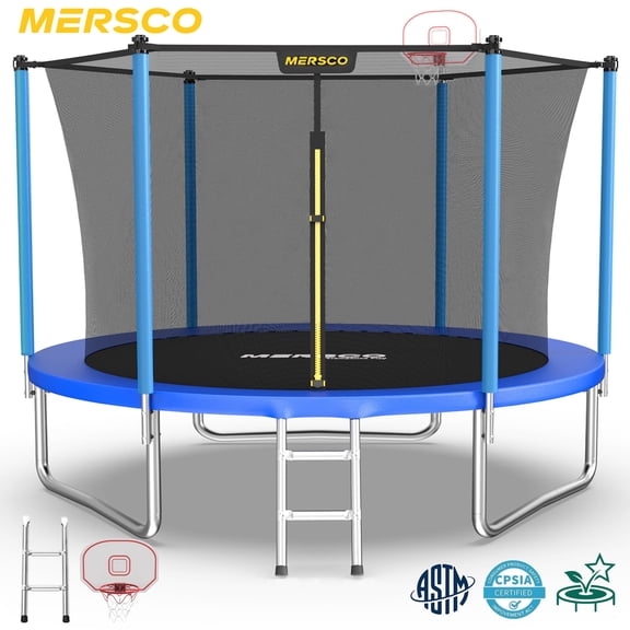 Mersco 10FT/12FT/14FT/15FT/16FT Kids Trampoline, ASTM Certified Heavy Duty Outdoor Trampoline with Safety Enclosure Net Basketball Hoop and Ladder for Backyard Family Fun, Jumping Trampoline PLAY