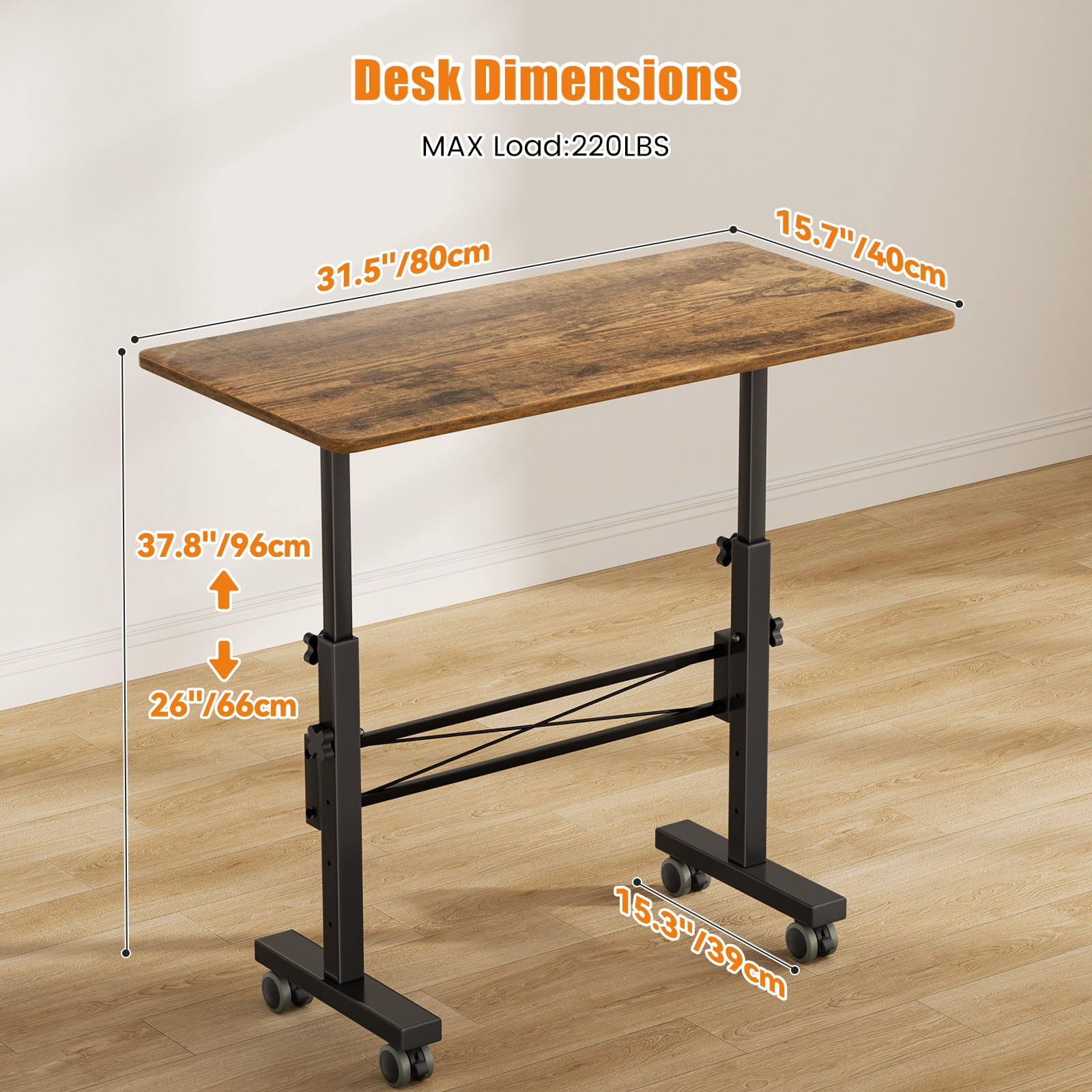 Flycity Standing Desk Adjustable Height, Mobile Stand Up Desks with Wheels, Small Laptop Desks, Portable Computer Rolling Desk for Home Office and Pad Treadmill, Height 26"-37.8", 15.7"D x 31.5"W