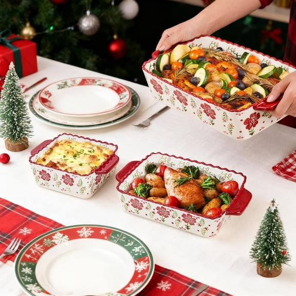 3 Pack Ceramic Baking Dishes, Rectangular Bakeware Set Hand-painted Lasagna Pan Porcelain Serving Bakeware for Pasta, Chicken, Kitchen, Banquet, Microwave and Dishwasher Safe
