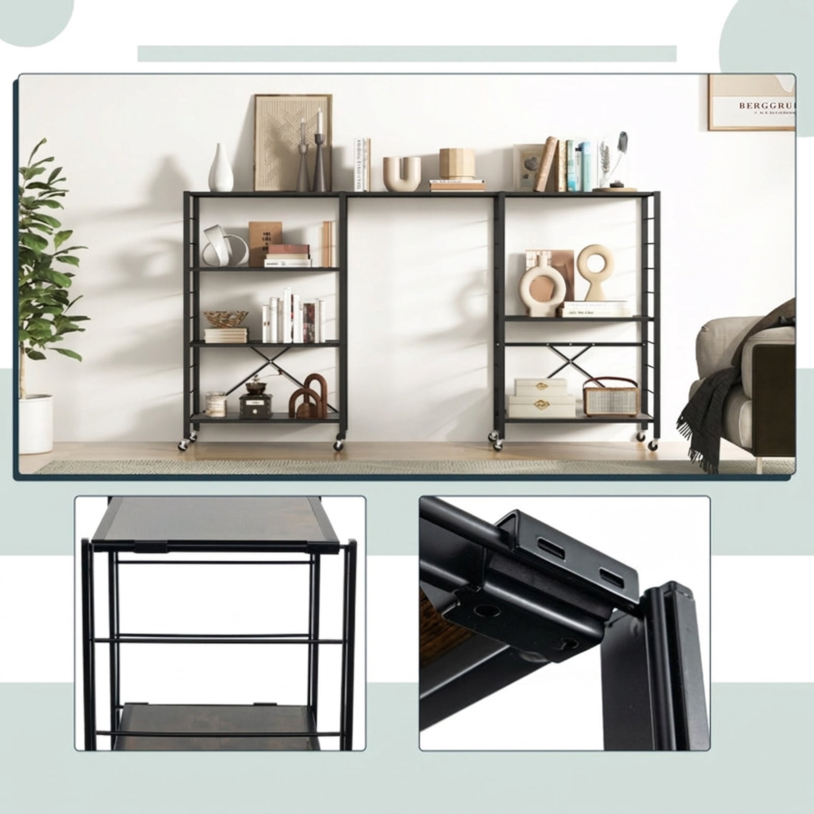 RUIE 4-Tier Foldable Storage Shelf with Wheels, Rolling Utility Shelving Rack for Kitchen Living Room Tool Room, 180 lb Capacity, Black