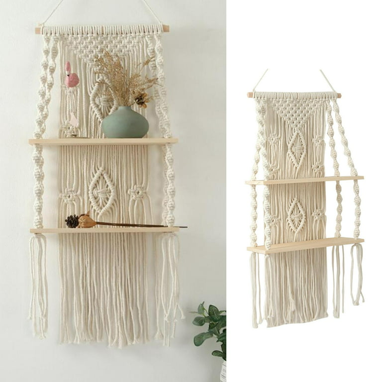 DIY Handmade Tassel Macrame Tapestry Wall Hanging Shelf Boho Cotton Rope  Woven Plant Hanger Wood Floating