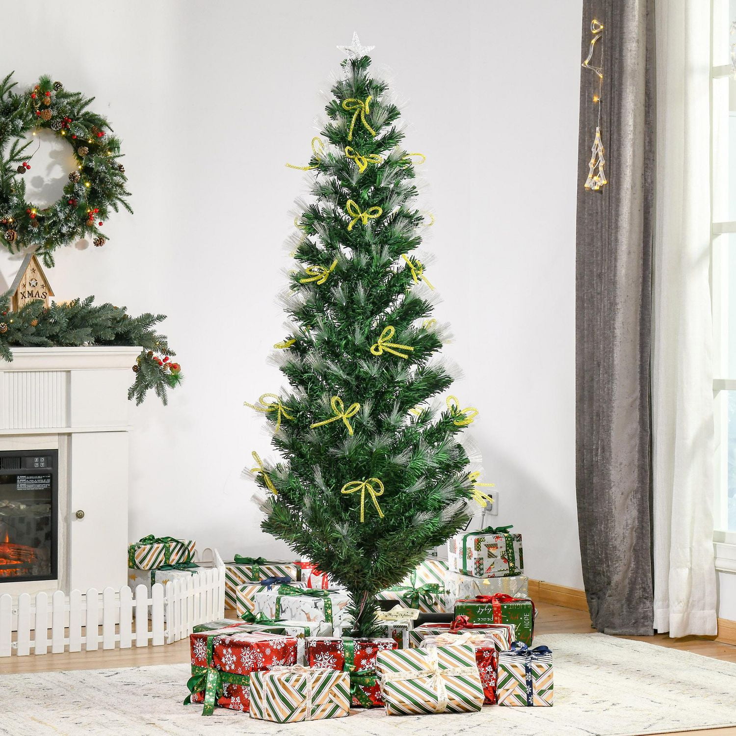 HOMCOM 6FT Prelit Artificial Christmas Tree Fiber Optic LED Light Holiday Home Xmas Decoration with Foldable Feet, Green