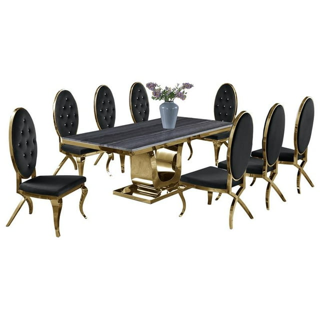 Gray Marble Dining Set with Gold Stainless Steel and Black Velvet Chairs