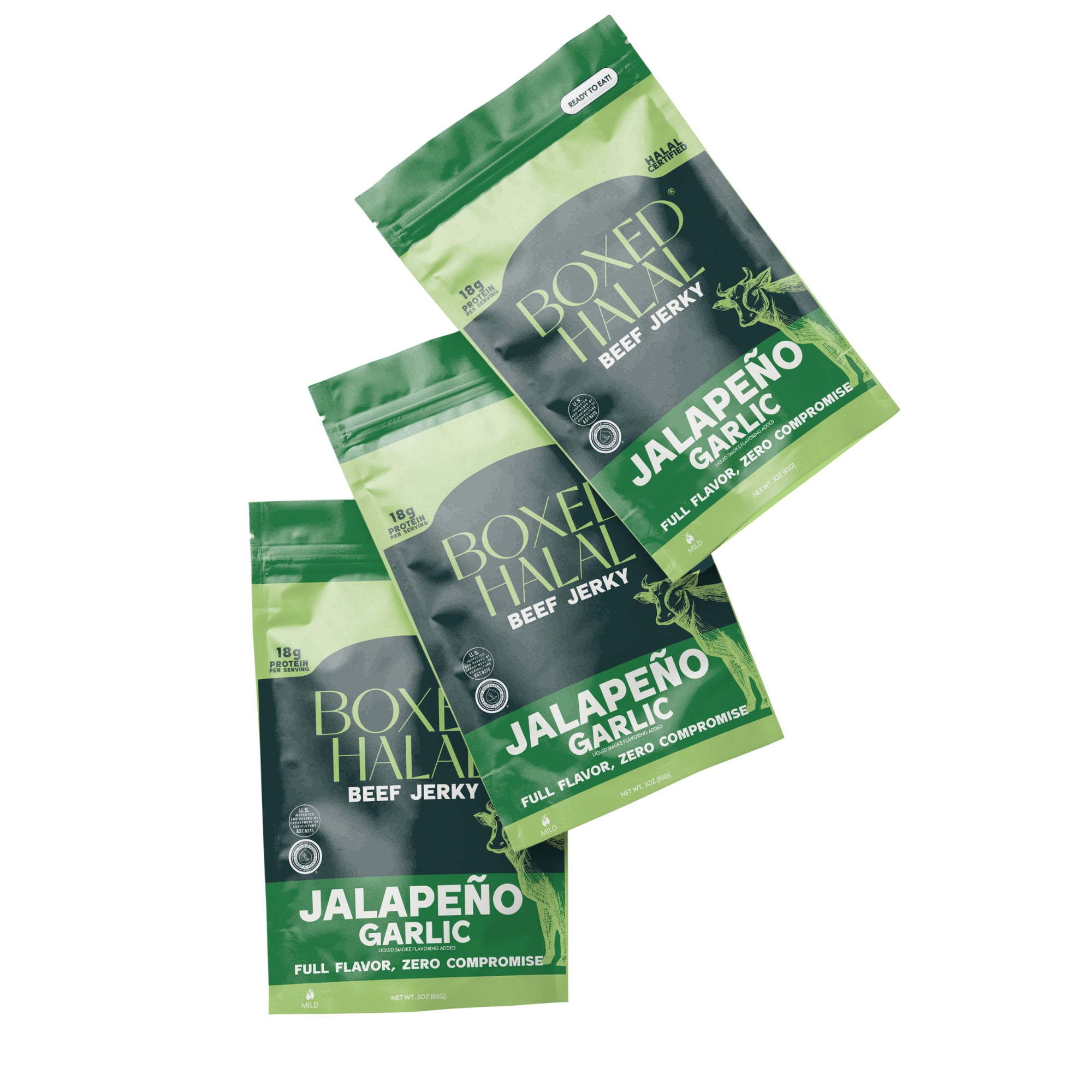 BOXED HALAL Premium 100% Grass-Fed Jalapeño Garlic Beef Jerky Strips, 13g Protein, HFSAA Certified Halal, Keto Friendly Snack, 3 Oz. Bags (3 Pack)