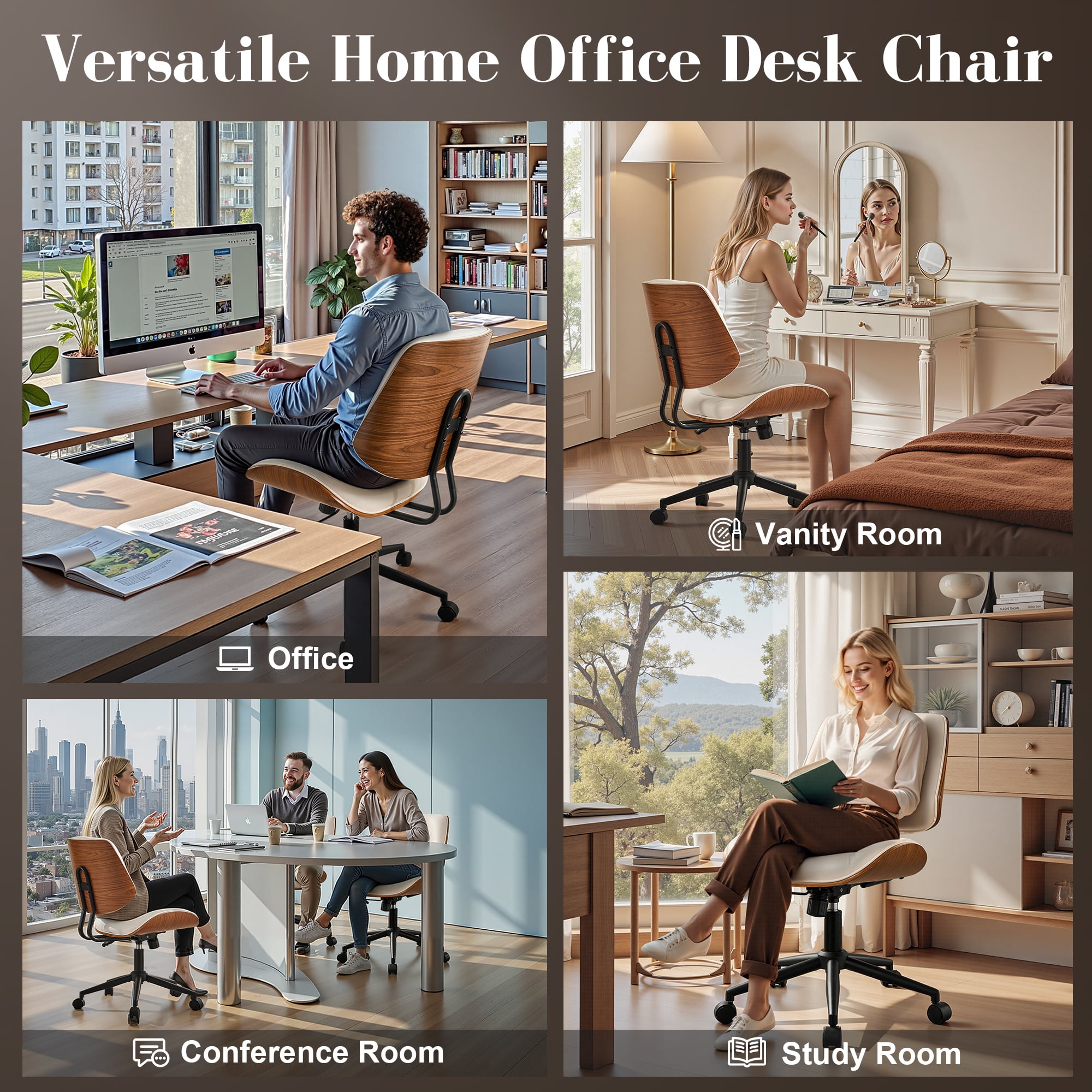 Toject Office Chair, Task Chair with Wooden Back, Mid-Century Modern Computer Chair, Armless Desk Chair for Home Office, Black