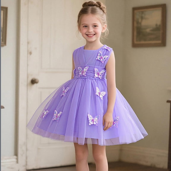 ITSAME Girls Tutu Dress, Puffy Tulle Waist-Cinching Sleeveless Kids Wedding Pageant Party Prom Gown Purple 4-5T
