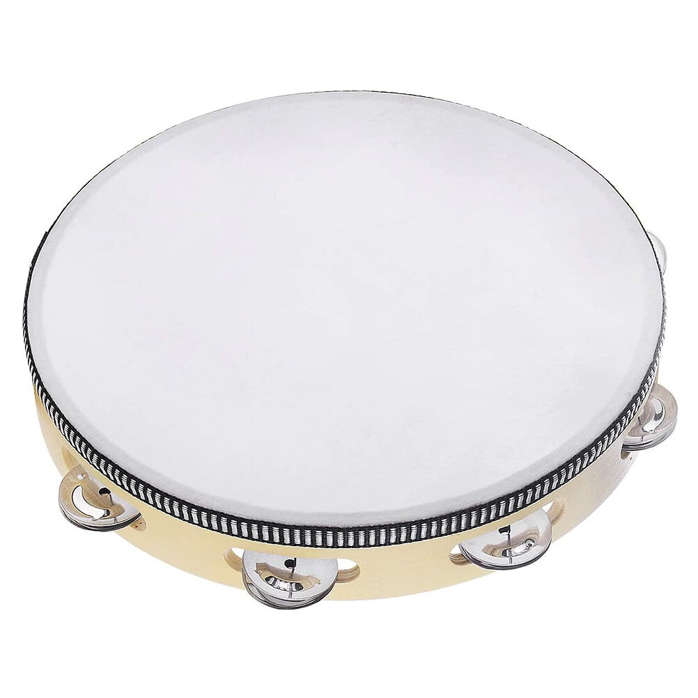 10 Inch Hand Held Sheepskin Tambourine Drum Bell Birch Metal Jingles