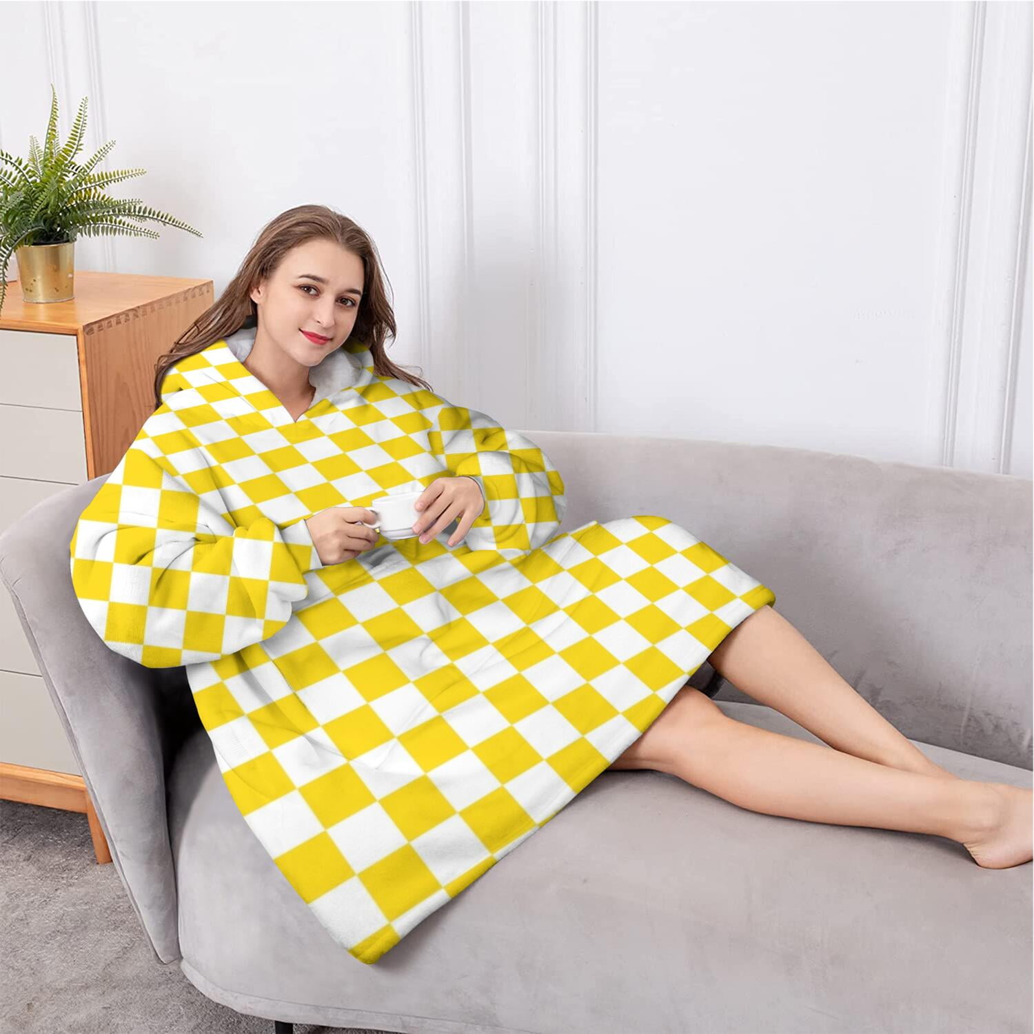 Oversized Wearable Blanket Hoodie,Yellow and White Checkered Pattern Sherpa Blanket Hoodie with Super Pockets,Super Warm Fuzzy Pullover for Women & Men