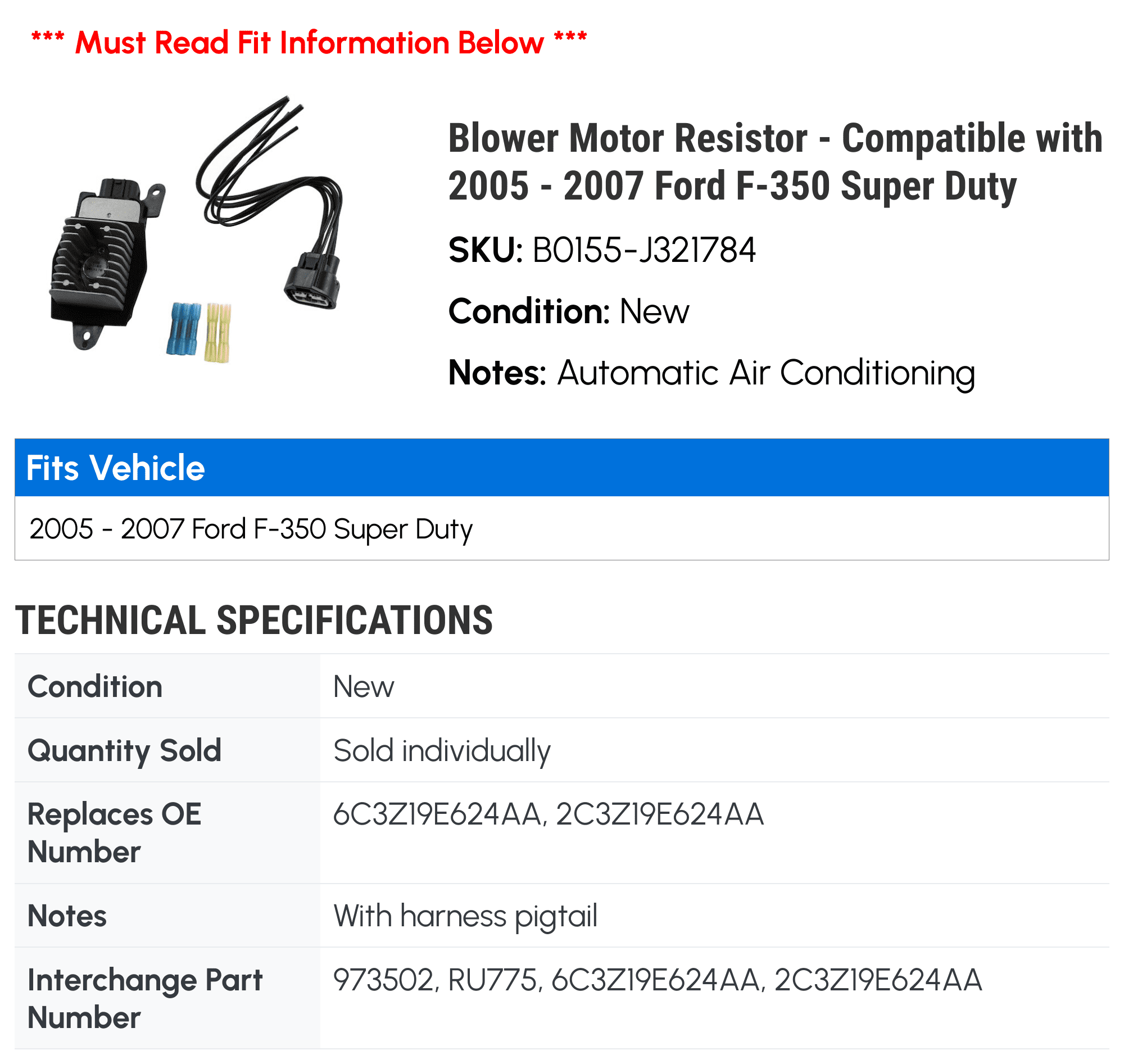 Blower Motor Resistor - Compatible with 2005 - 2007 Ford F-350 Super Duty 2006