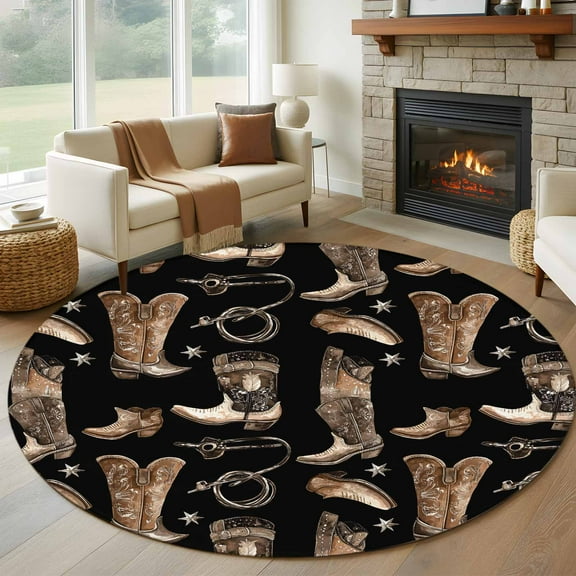 Brown Black Cowboy Round Rug 5ft Washable Circle Kitchen Rugs Non Slip Country Western Vintage Large Area Rug Indoor Floor Carpet for Bedroom Living Room Home Office Dining Room Nursery