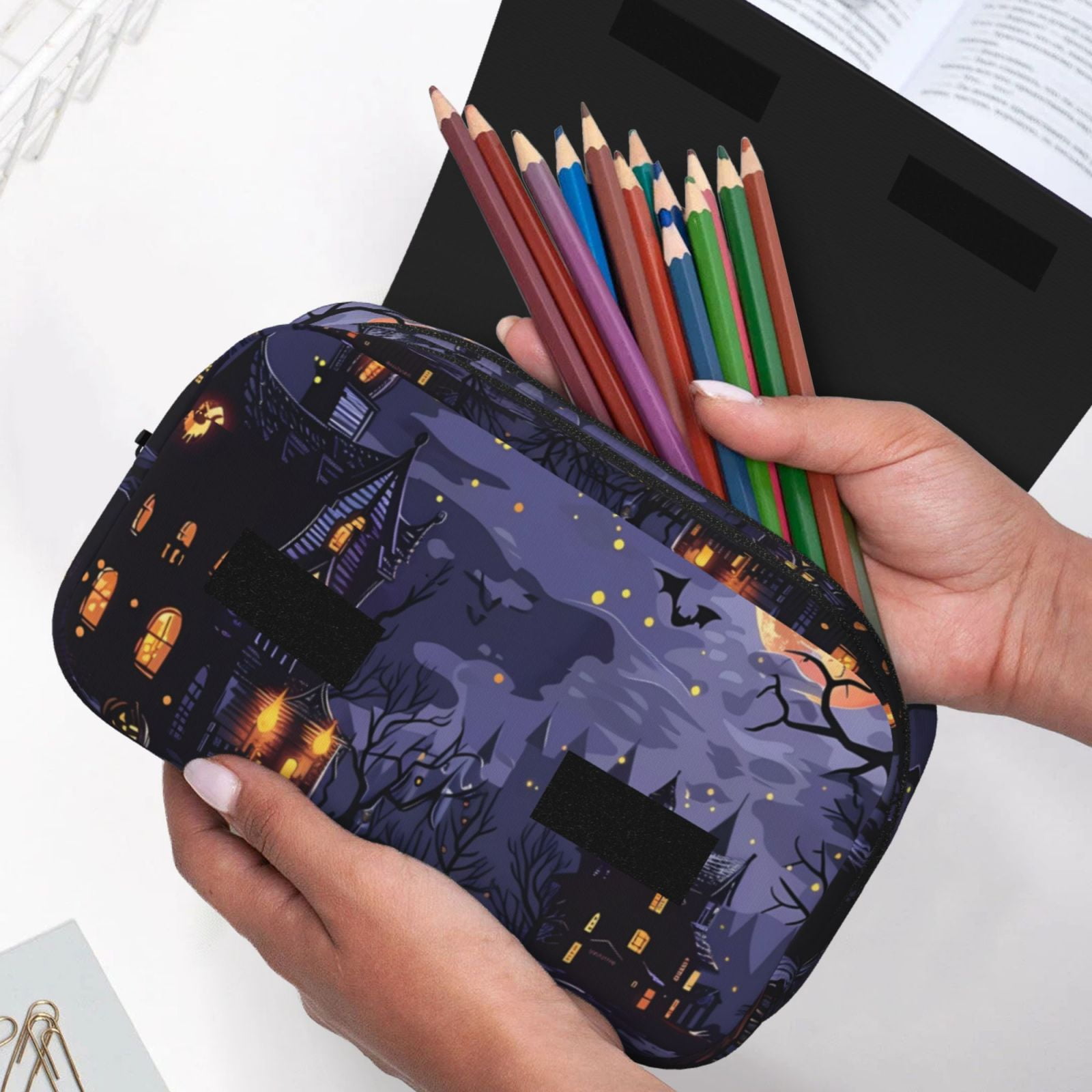 Rateoe Mystery House Halloween Night Pattern Double Clamshell Pen Case, Storage Organizer with Two Zipper Compartments– Holds Up to 50 Pencils & Pens