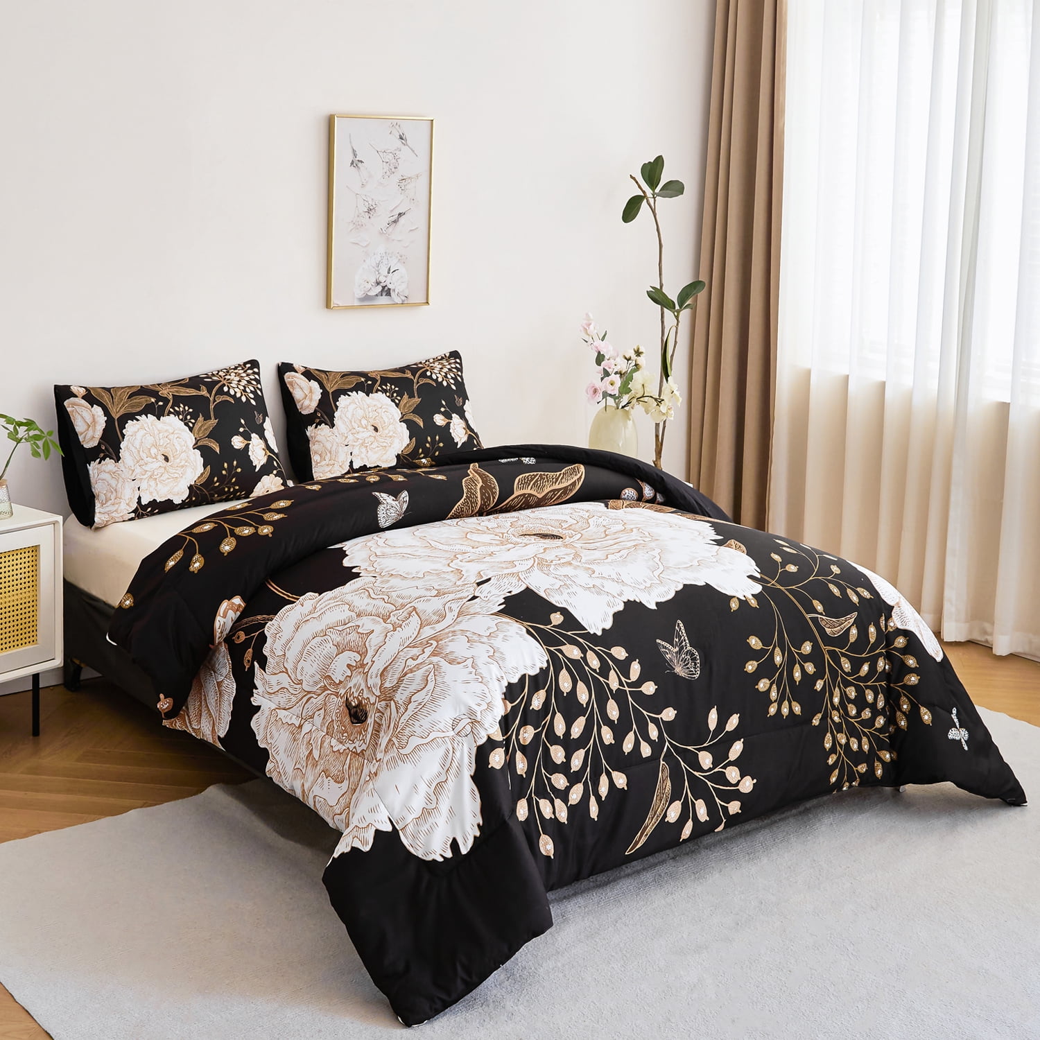 URBONUR Black Floral Full Comforter Set Printed Comforter White Flowers Butterfly Bedding Set 3 Pieces Botanical Farmhouse Comforter with 2 Pillowcases