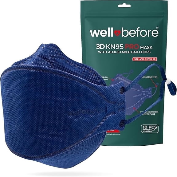 Well Before Premium 3D PRO KN95 Mask – Adjustable Ear Loops, Large Size, Denim