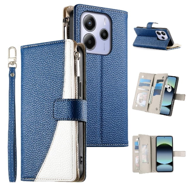 Funda cartera GANGXUN para Xiaomi Redmi Note 14 4G , cuero PU con tarjetero, cremallera, correa de mano, soporte y protección 1276°