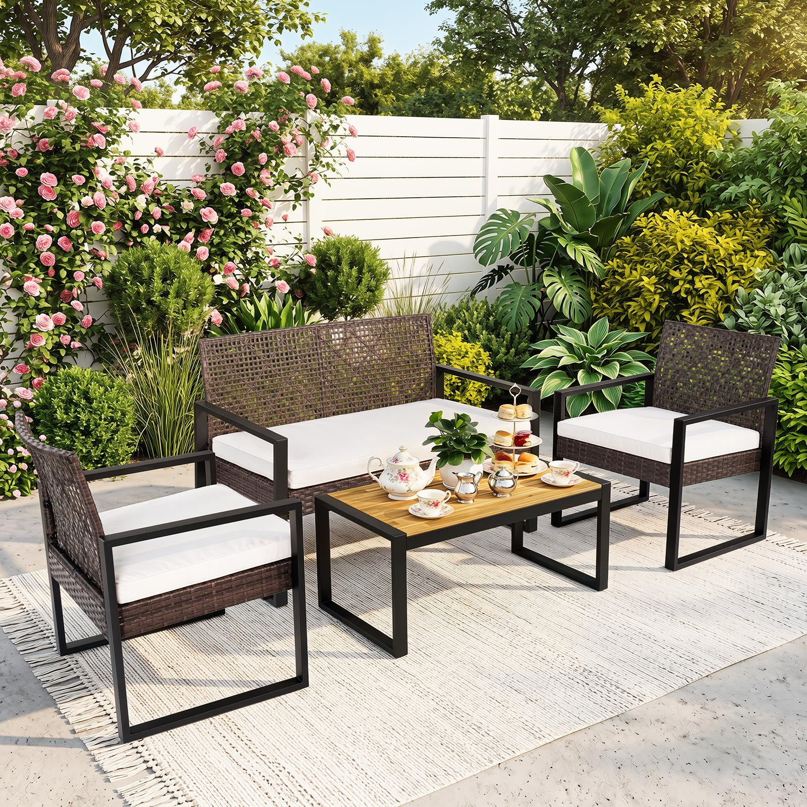 Costway 4-Piece Patio Conversation Set with 2 Single Chairs Cushioned Loveseat Coffee Table