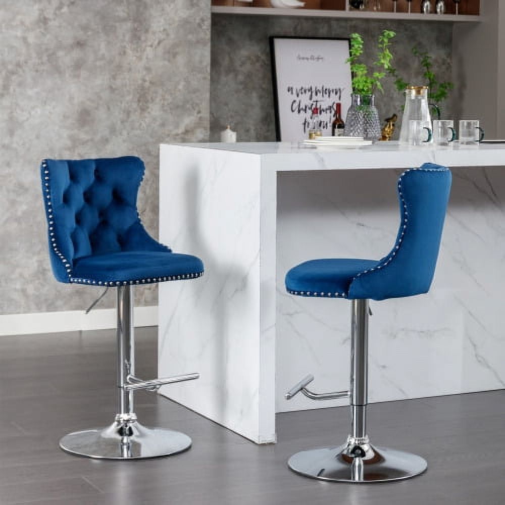 BSHTI Swivel Velvet Barstools Adjusatble Seat Height from 25-33 Inch, Modern Upholstered Chrome base Bar Stools with Backs Comfortable Tufted,Blue,Set of 2