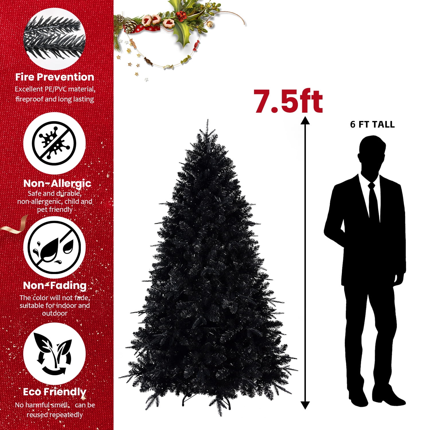 Alvantor 7.5ft Christmas Tree Halloween Decor PVC Artificial Tree with 500 White LED Lights & 2156 Tips for Indoor Holiday Decoration Black