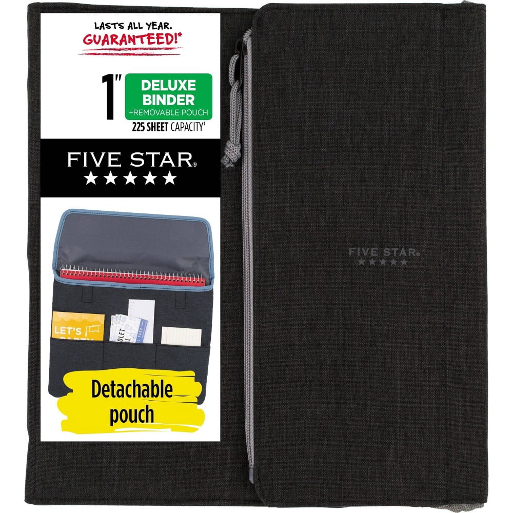 Five Star Older Student Deluxe 1" Binder Black/Gray: 5 Star Zipper Binder Organizer, 3 Ring, 8 Pockets, 225 Sheet Capacity