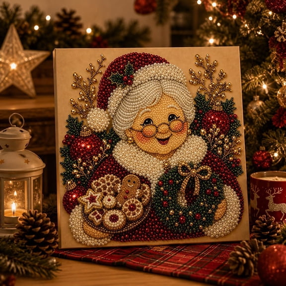 Christmas DIY Pearl Diamond Art Kit 7.87in - Shimmering Christmas Pearl Diamond Painting, Mrs. Claus Craft, Relaxing Holiday Home Wall Decor