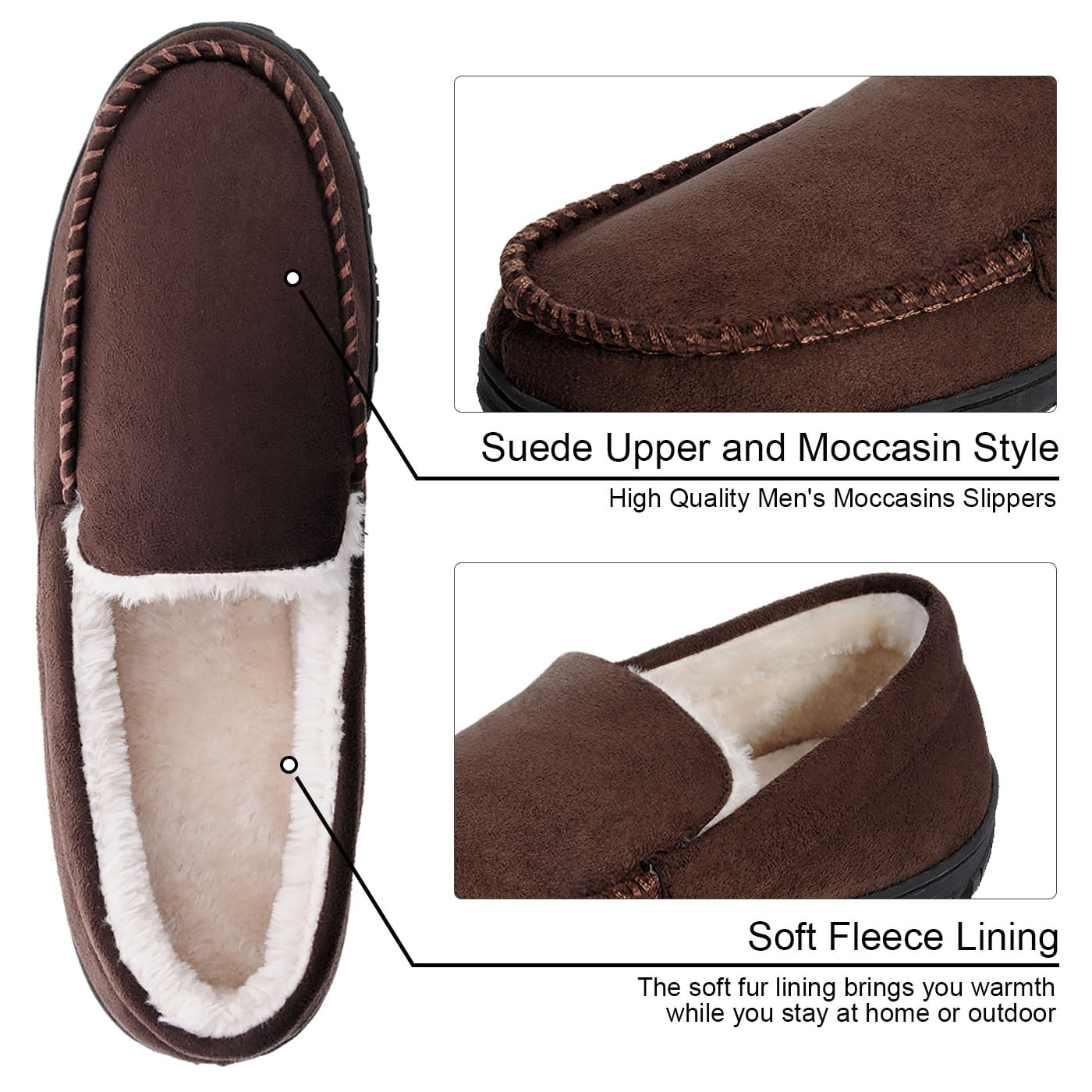 festooning Mens Casual Pile Lined Indoor Outdoor Slip-on Rubber Sole Microsuede Moccasin Flats Slippers 