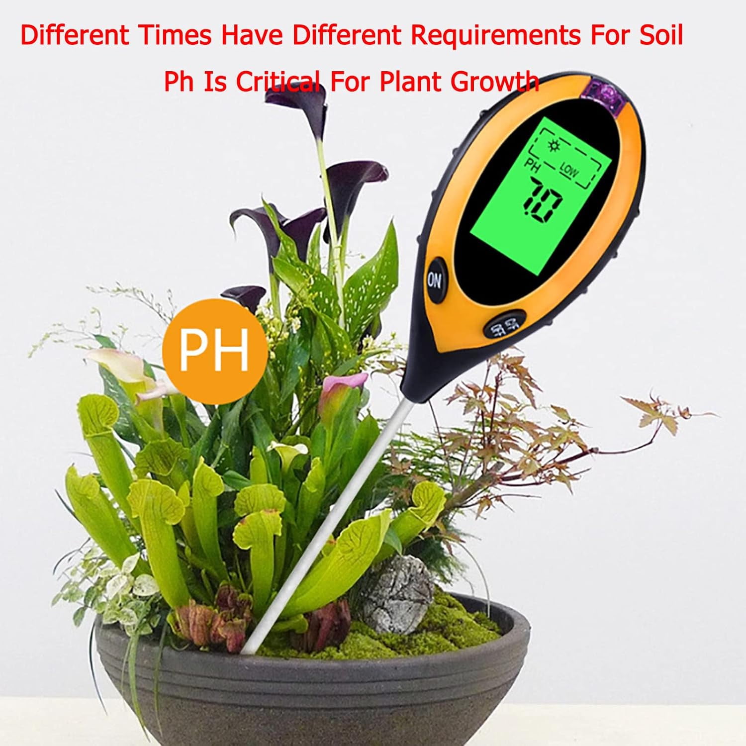 Soil Moisture Meter 4-in-1 Soil Tester with Light, Humidity, PH, Temperature for Garden, Lawn, Farm - Metal Probe, LED Display - Indoor & Outdoor