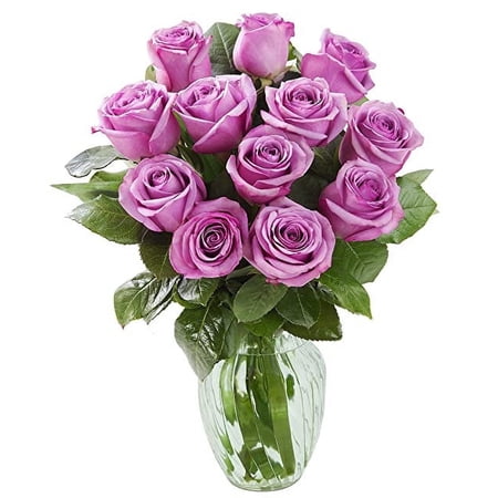 KaBloom : 12 Lavender Roses, 3 Greens with vase, Next-Day Delivery, Gift for Every Occasion.