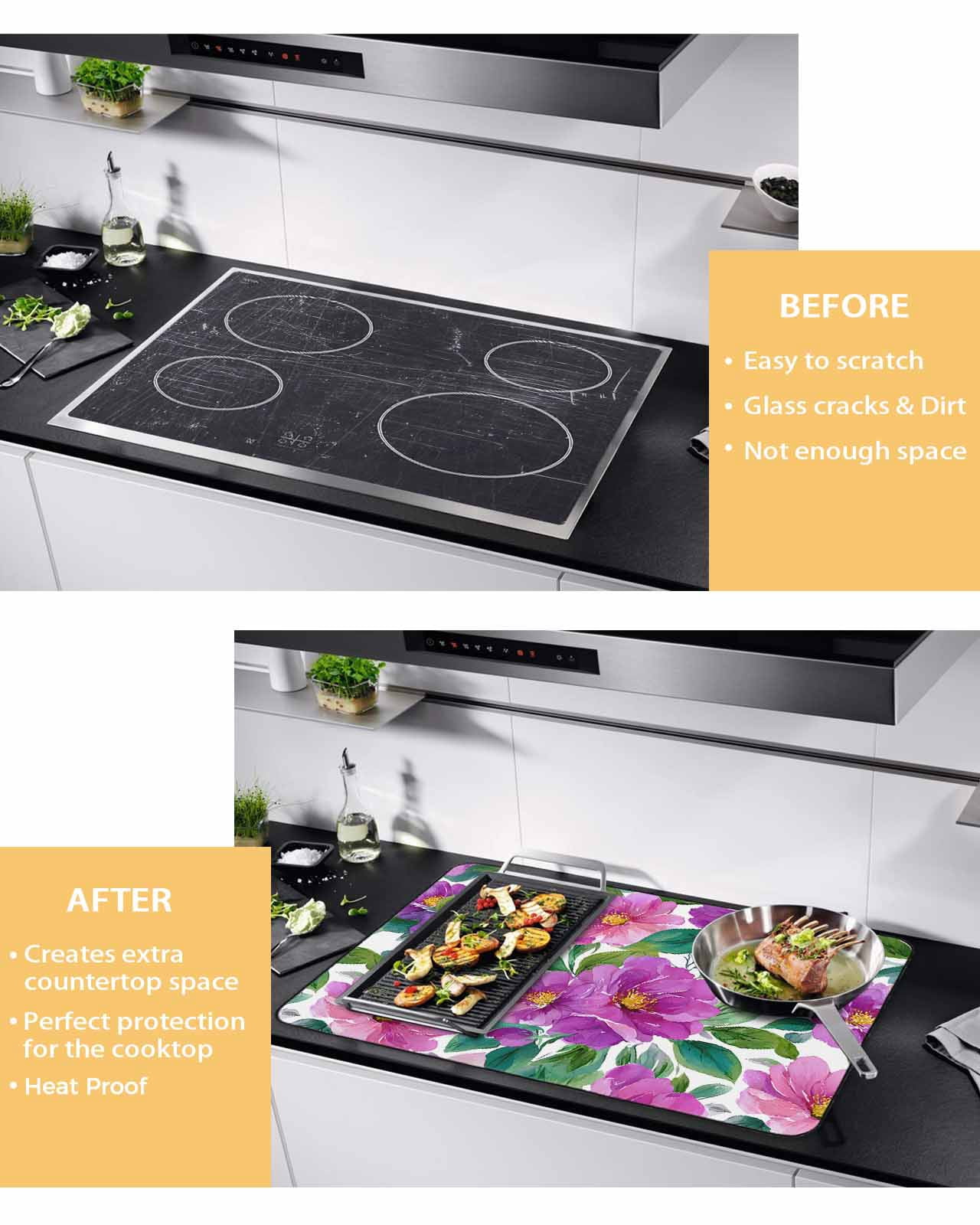 Large Induction Cooktop Protector Mat Purple Flowers Stove Top Covers for Electric Stove, Spring Floral Leaves Botanical Watercolor Decorative Stove Burner Cover Mats, Glass Top Stove Cover