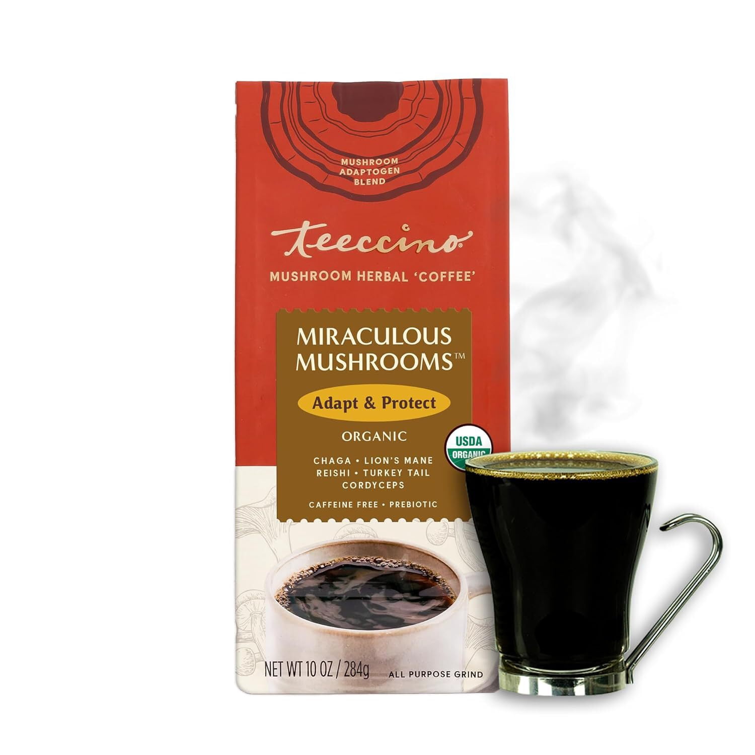 Teeccino Miraculous Mushrooms Adapt & Protect Coffee Alternative, 10 Oz – 5 Organic Adaptogenic Mushrooms with Chicory & Cacao