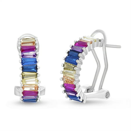 - Multicolored Cubic Zirconia Baguette Post Clip Earring in Sterling Silver