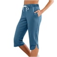 thumbnail image 2 of Petite Capri Pants for Women 2026 Elastic Waist Drawstring Stretchy Summer Pant Side Split Casual Lounge Capris with Pocket Light Blue M, 2 of 7