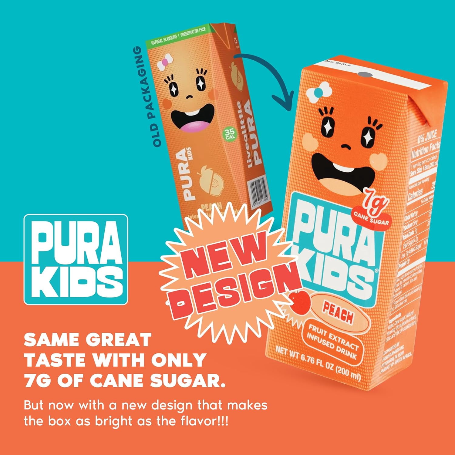 PURA Kids Box | Peach Fruit extract infused Drink for kids | 7g Pure Cane Sugar | Non-GMO | Vegan, No Artificial Sweeteners | Best Lunchbox Beverage with Paper Straw | 6.67 fl oz (200ml) Pack of 24