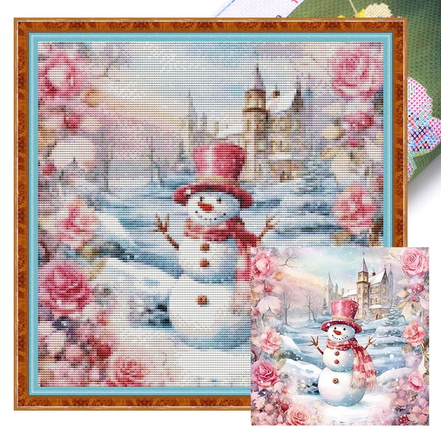 Hilo de bordar de algodón ecológico completo, 11 quilates, estampado de muñeco de nieve, punto de cruz, 40x40cm, rosa