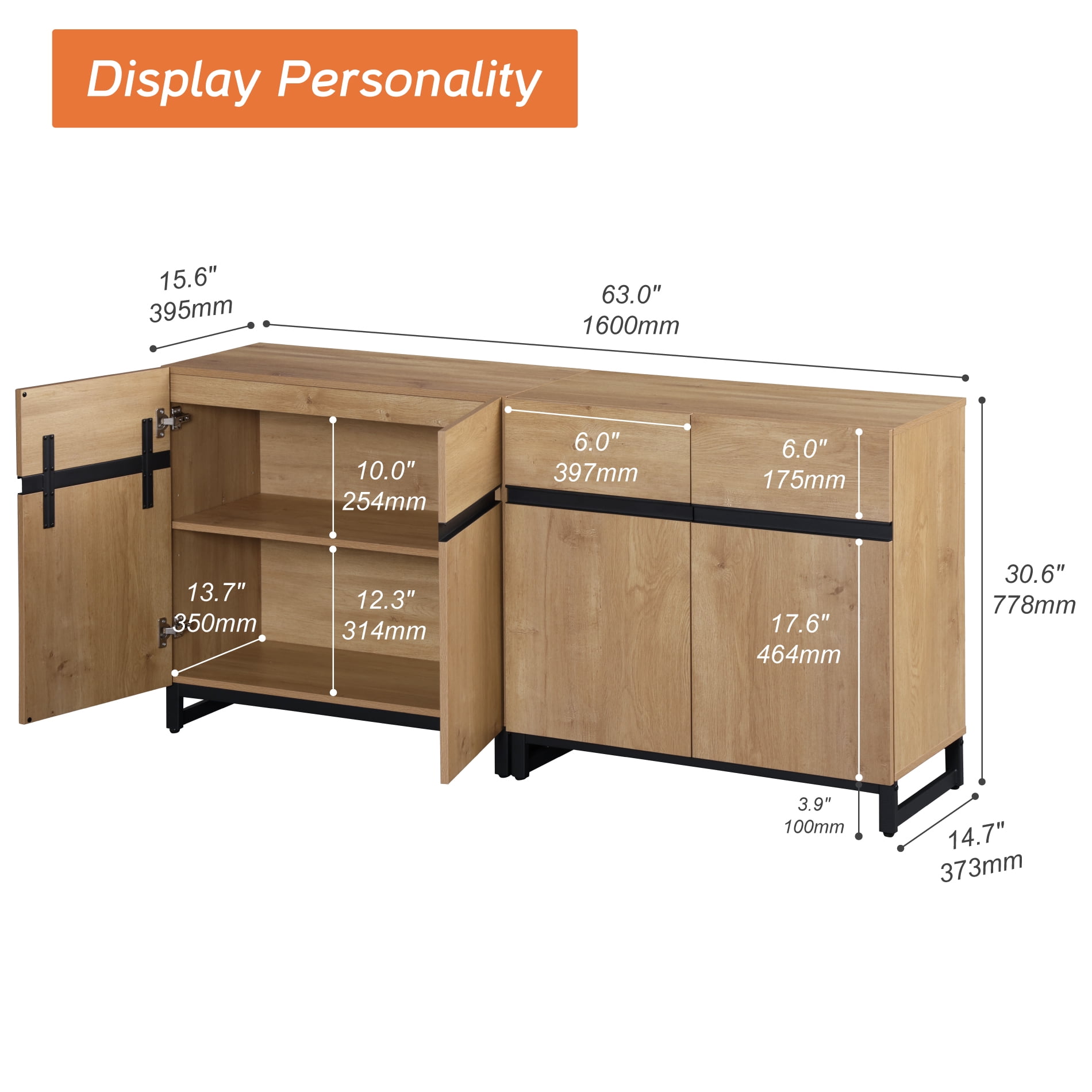 63"Modern 2-in-1 Multifunctional Sideboard Buffet with Adjustable Shelf & Metal Base, Wood Grain,Oak